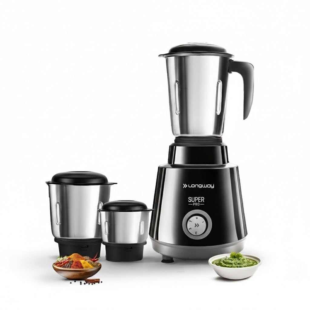 Longway Super Pro Mixer Grinder | 500 Watt Powerful Motor | 3 Jars for Grinding, Mixing, Juicing (Black & Gray, 3 Jars)