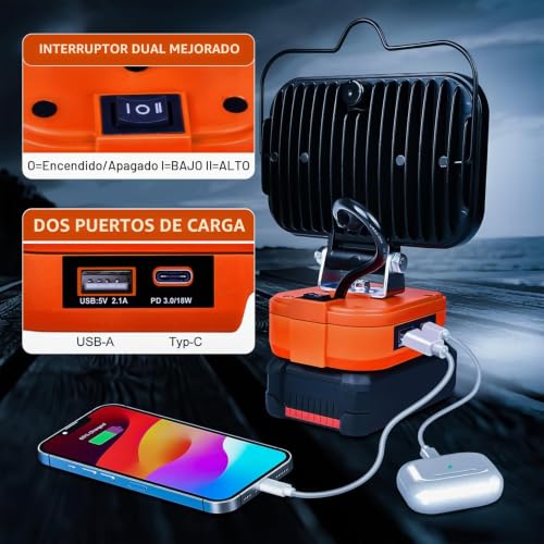 Foco LED de 80W para Einhell 18V con luz potente de 8000 lm y carga USB 3