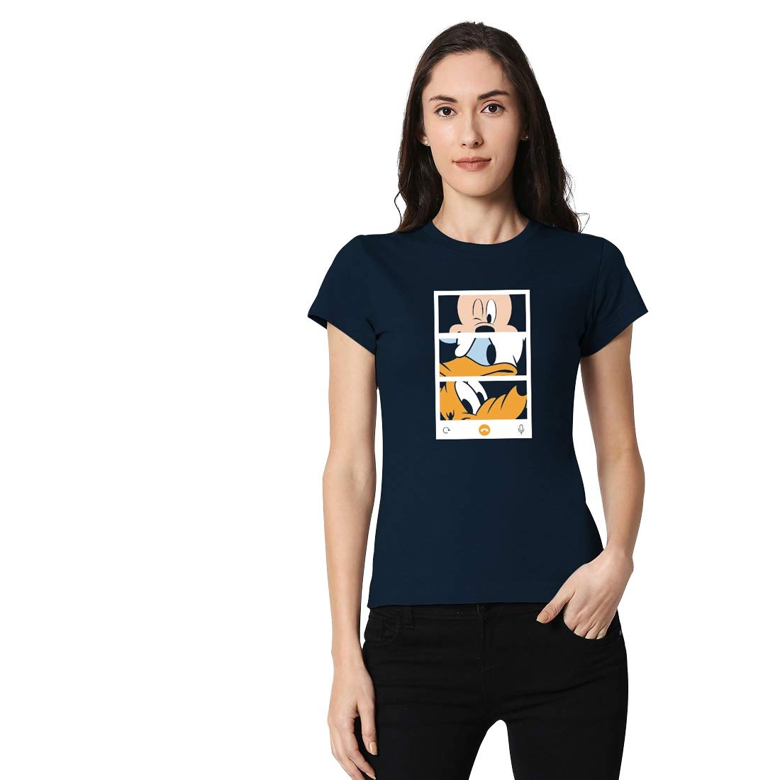 Women's Cotton Printed Mickey Trio Call (Dl) Disney Half Sleeves | Round Neck | Regular Fit T-Shirt/Tee