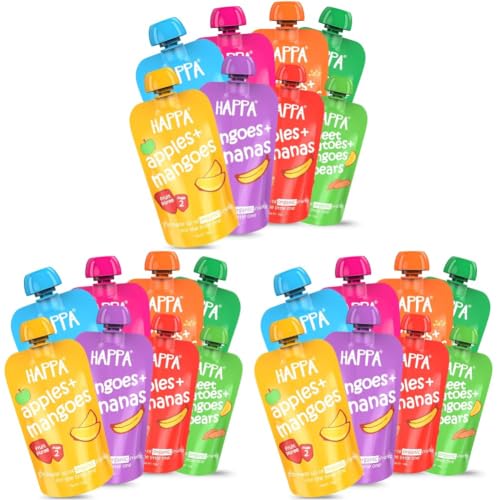 Image of Happa Organic Baby Food Puree Travel Pack | Natural Fruits, Grains and Vegetables | No Added Sugar, No Milk Powder, No Preservatives | Stage 2 (6 Months+) | Ready to Eat | Free from Common Allergens | Pack of 24 (100g Each)