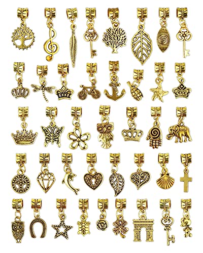 JIALEEY 40Pcs Antique Gold Dangle Charm Beads, Dangle Spacer Beads Bails Connector with Multistyle Pendant Charm Dangler for DIY Bracelet Necklace Jewelry Making