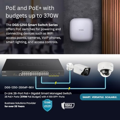 Image of D-Link 28-Port Gigabit Smart Managed PoE+ Switch | 24 PoE+ Ports (370W) + 4 10G SFP+ Ports| L2+ /L3 Lite |VLANs |Web Managed |Surveillance Mode | Rackmount | NDAA Compliant (DGS-1250-28XMP-6KV)