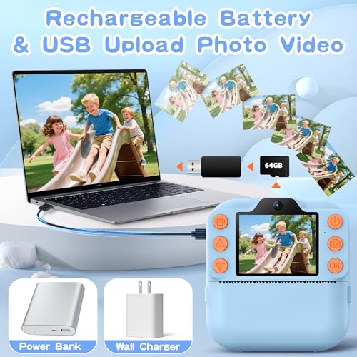 Image of Kids Instant Camera with 64GB SD Card, Portable Digital Camera Toy for Girls and Boys Ages 3-12, Toddler Christmas and Birthday Gift for 3 4 5 6 7 8 9 10 Year Old Kids (Blue)
