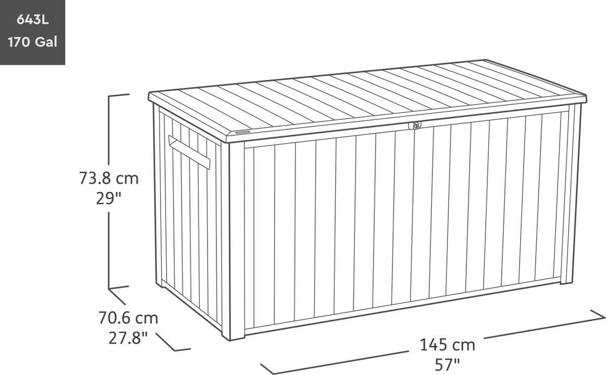 Keter Southwood Gartenbox 643L – Wetterfeste Auflagenbox mit Gasdruckfeder, abschließbar, Kunststoff in Holzoptik, grau, 146x74x70 cm
