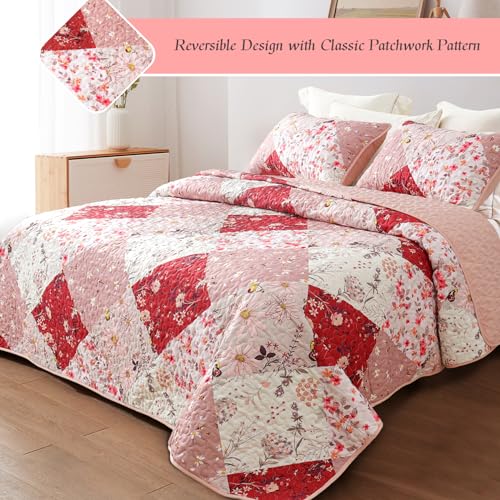 Whale Flotilla Reversible Patchwork Quilts King Size, Lightweight Boho Printed Bedspreads Coverlets Quilt Bedding Set with 2 Pillow Shams for All Seasons, Red