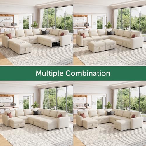 Image of HONBAY Modular Sectional Sleeper Sofa with Pull Out Couch, Oversized U Shaped Sleeper Pull Out Bed with Storage Sectional Couches for Living Room - Beige