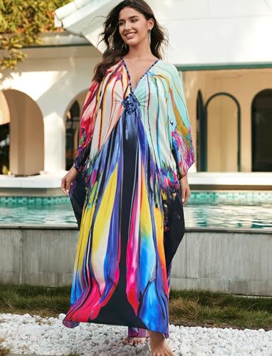 Image of KECVOT Kaftan Dresses for Women Plus Size Batwing Sleeve Caftans Long Bathing Suit Cover Up Maxi Beach Dress Loungewear