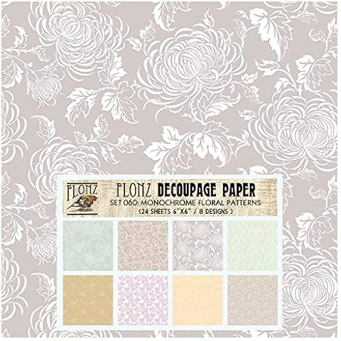 Decoupage Paper Pack (24 Sheets 6"x6") Monochrome Floral Patterns FLONZ Vintage Styled Paper for Decoupage, Craft and Scrapbooking Cover