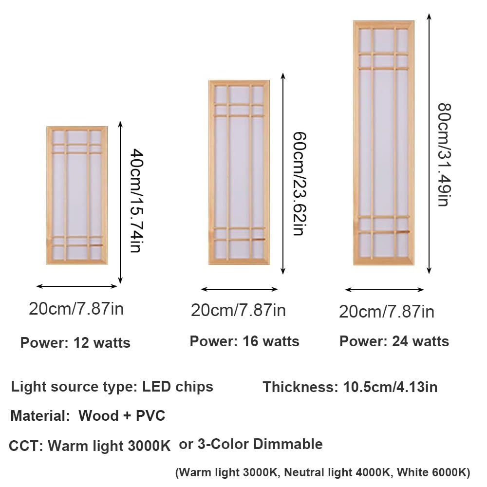 Lampy Ścienna Drewniana, Kinkiet Japoński LED Oświetlenie Ścienne Minimalistyczne Ściemnialne do Sypialni Salonu Korytarza(3 modes,80cm/31.49in)