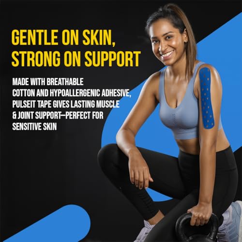 Image of PulseITSportsTape Kinesiology Tape- Waterproof & Sweatproof Sports Tape for Muscle Support, Pain Relief & Injury Recovery | Athletic Physio Tape for Knee, Shoulder, Ankle. 5cm x 5m (with Holes, Blue)