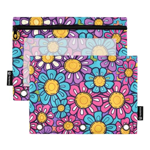Astuccio per raccoglitori a 3 anelli colorato stile hippie con fiori astuccio per matite e cosmetici con cerniera trasparente per ufficio viaggi confezione da 2 Fiore