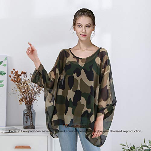 Women's Loose Batwing Blouse Chiffon Top Camouflage Printed Kimono Poncho Tunic Kaftan Cover up2
