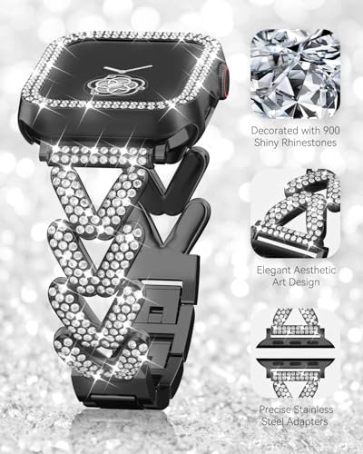 Image of Rhinestones Encrusted Metal Bracelet and Case, Compatible with Apple Watch Bands 38mm-49mm (Series 11 /10 /1 /SE /Ultra 2)- Bling Gold Women's Jewelry Strap, Luxury iWatch Bracelet