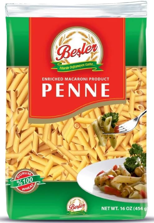 Penne Pasta ByBesler, Durum Wheat Semolina, 16 Oz, Pack of 8