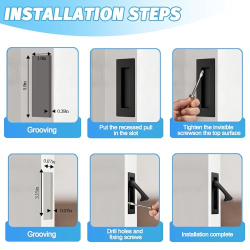 Manijas empotradas para puertas correderas de bolsillo negras, tiradores recessed para puertas | Manija de acero inoxidable montada al ras, tiradores modernos para gabinetes, baño, balcón, oficina y puertas de granero miniatura 5