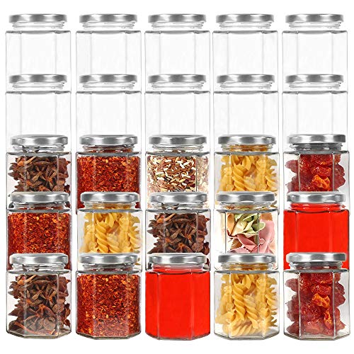 CycleMore 6oz Hexagon Glass Jars with Silver Lids Clear Glass Canning Jars Jam Jars Bottles for Jams Honey Wedding Favors Baby Foods Gifts and Craft DIY Spice Jars and MorePack of 25