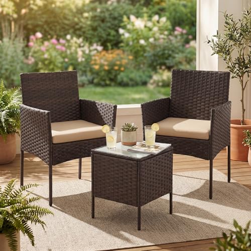 SONGMICS Balkonmöbel, Gartenmöbel-Set, aus PE-Polyrattan, Lounge-Set, Tisch und 2 Stühle, Terrassenmöbel, Outdoor, für Terrasse, Balkon, Garten, braun-Taupe GGF003K01