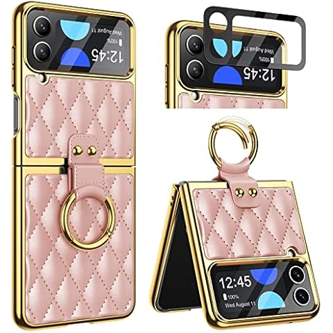 HJCMikee Compatible with Samsung Galaxy Z Flip 4 5G(2022),Built-in Back Screen Protector & Ring Kickstand Soft Rhombic Leather Protective Cover,Elegant and Durable Electroplated Frame Shell(Pink) Cover