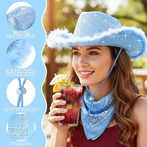 Image of Coume 12 Pcs Sparkly Adults Cowboy Hat and Bandanas Women Men Western Glitter Cowgirl Party Hats with Adjustable Drawstring