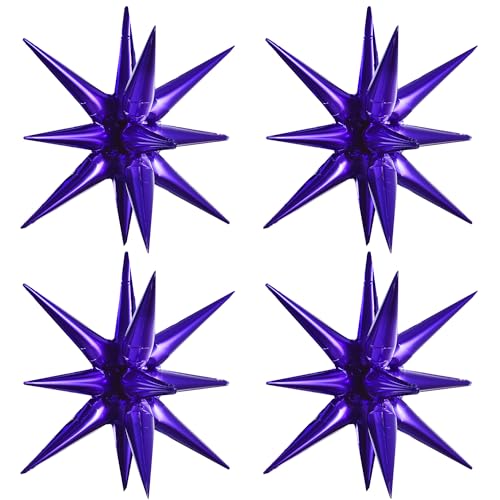 Image of TONIFUL 4 Pcs Explosion Star Balloons Purple Foil Balloon Party Decorations | 22 Inch Large Mylar Star Balloon for Girls Birthday Party Decor Graduation Wedding Baby Shower Halloween Photo Booth Supplies