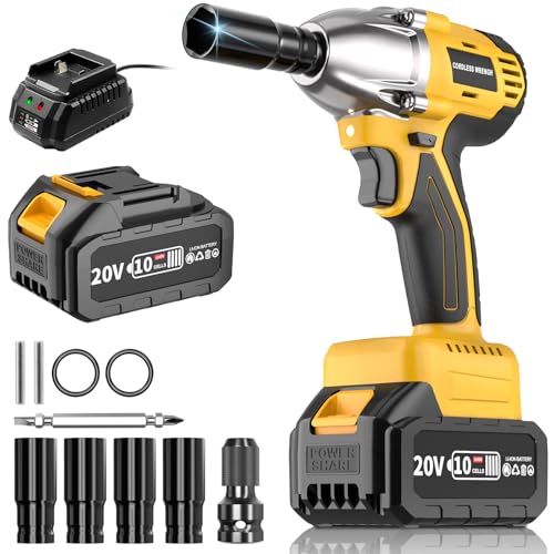 Tegatok 4.0Ah Battery Cordless Impact Wrench, 320Ft-lbs(430N.m) Brushless 1/2 Impact Gun, 20V High Torque Power Impact Driver, Electric Impact for Car Home, Yellow