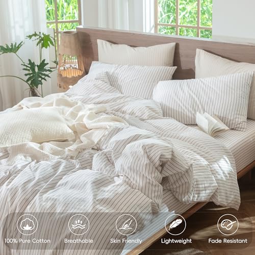 Image of MooMee Striped Duvet Cover Set 100% Washed Cotton Linen Like King | Relaxed Linen-like Texture. Soft, Breathable & Long-lasting Comfort. Lightweight. Hidden Zipper with 8 Interior Corner Ties