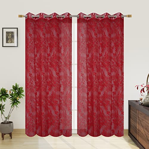 Image of Heavy Polyester Beautiful Floral Design Tissue Net Window Curtains 5 Feet Long Set of 1 | 4 * 5ft | Parda for Living Room and Bedroom | Maroon Curtains