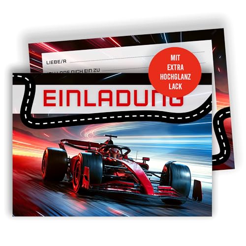Edition Colibri 10 Einladungskarten Kindergeburtstag A6 – Rennfahrer Party, coole Einladungen mit Auto-Motiv für Jungen, Mädchen & Motorsport-Fans