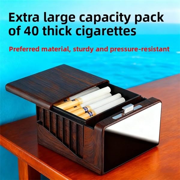 Cigarette Case Pop-up Dispenser Automatic 40 Large Capacity Box Holder Storage Moisture Proof Single Press Click Vintage Retro Smoking Accessory Smokers Men Gift (Wooden, Push-Button) image 3