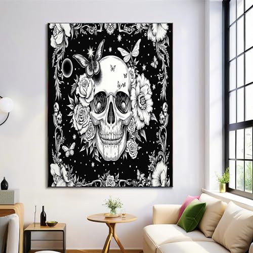 Impression sur toile de style gothique avec fleurs et crânes de qualité supérieure