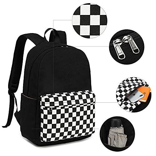Camtop School Backpack Canvas Laptop Backpack Teens Bookbag Set Lunch Bag Pencil Case For Girls Boys(Checkerboard Black) #TOP5
