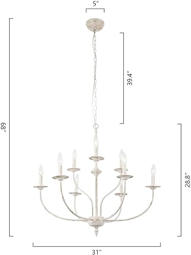 Miniatura 8 de Maxax Candelabro de campo francés, lámpara de araña blanca antigua de 2 niveles y 9 luces, lámpara colgante de vela rústica de 31 pulgadas para