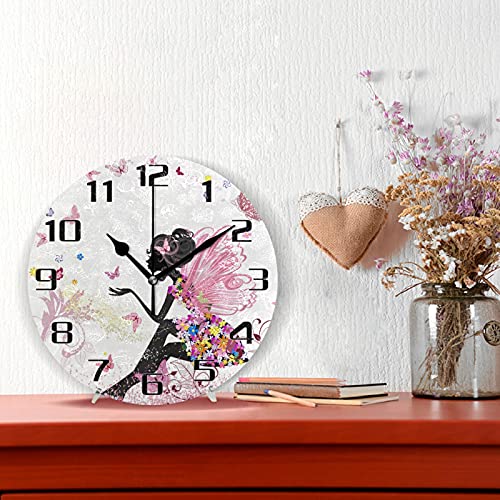 African Black Girl Floral Flower Wall Clock, Garden Butterfly Silent Non Ticking Round Clock For Home Kitchen Bedroom Desktop Stand Bathroom Living Room Decor Office Classroom Clock Art 9.5 Inch #TOP1