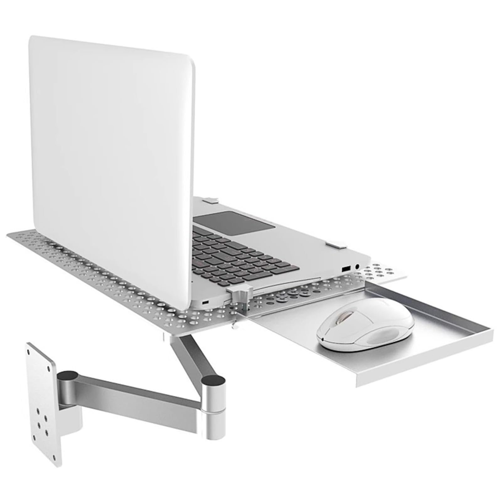 Uchwyt ścienny na laptopa, regulowany stojak z tacą na mysz, ramię z pełnym ruchem, stop aluminium, obsługuje do 8 kg, zawiera 4 śruby rozporowe do biura lub stacji roboczej