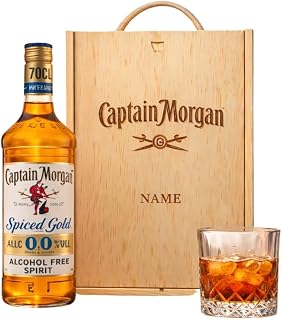 Personalised Captain Morgan 0.0 Alcohol Free Spiced Rum Gift Set 70cl with Rum Glass in Personalised Wooden Box – Non Alcoholic Rum Gift for Men Women Birthday UK