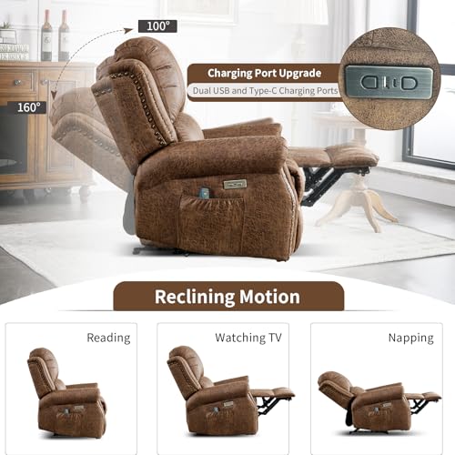 Image of HAOMARKETS Classic Power Recliner Chair Set of 2 with Massage and Heat, Breathable Faux Leather Electric Recliner with USB Port, Overstuffed Reclining Sofa with Rivets for Living Room, Brown