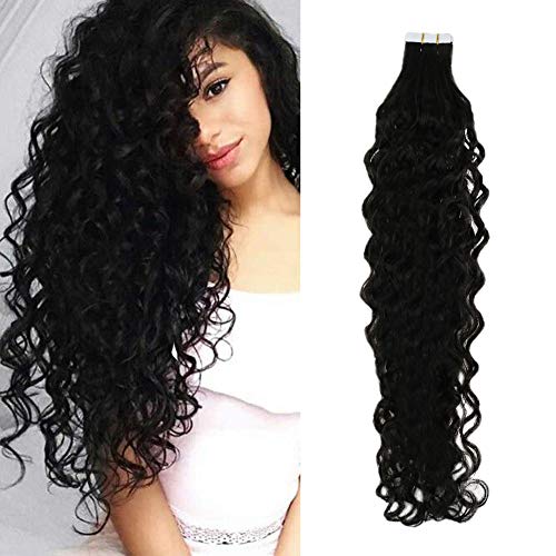 RUNATURE Wavy Human Hair Tape in Extensions #1B Off Black 20Pcs/40g 14" Remy Smooth Silky Hair Extensions Glue on Curly Human Hair Extension
