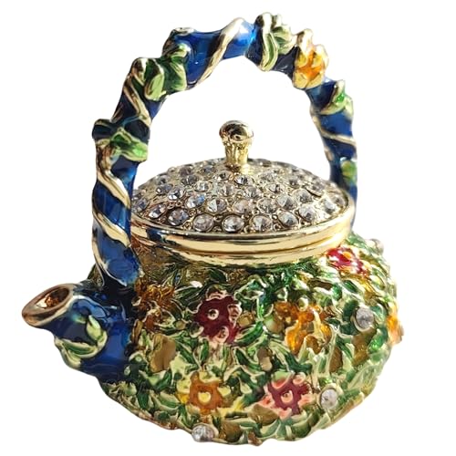 zltSunshine Vintage Enamel Teapot Jewelry Box - Hand-Painted Metal Trinket Organizer with Rhinestones Unique Ring Holder & Collectible Home & Office Decor Gift for Women Blue