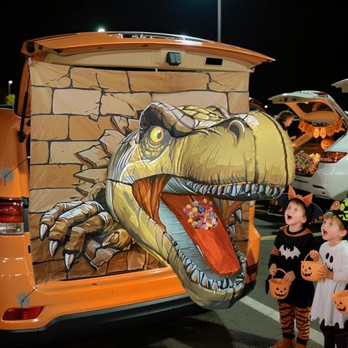Epochleno 2025 Halloween Trunk or Treat Car Decorations T-Rex Theme Halloween Car Inflatable Decor Built-in LED Lights & Candy Pocket for Outdoor Trunk Parties & Events