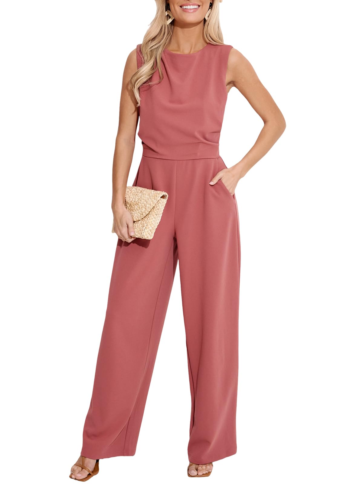 CUPSHE Combinaison d'été maxi col rond sans manches jambe large une pièce tenue d'automne poches ensemble ajusté maxi barboteuse décontractée