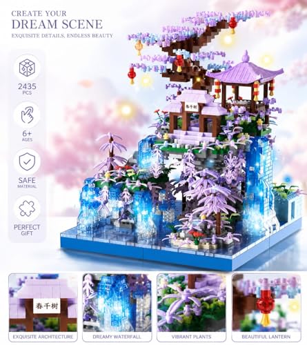 Image of SKY LINE OCEAN Cherry Blossom Tree House Micro Building Blocks Set - 2500+ Pieces Peach Blossom Pond Architecture Kit with LED Lights Gift for Adults & Kids | 6 Months Warranty (Ages 14+)