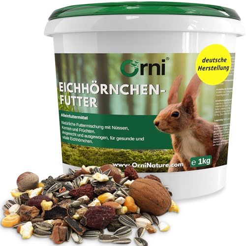 Orni Eichhörnchenfutter 1kg | Ganzjahresfutter Nüsse-Saaten Mischung mit Schale | Premium Wildtierfutter für Eichhörnchen, Futterstelle, Balkon, Garten, Futterhaus
