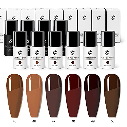 10PCS Gel Nail Polish Kit, Dark Brown Gel Polish Set, Shine Finish and Long Lasting, Soak Off Chocolate Brown Gel Polish Manicure Kit with Glossy Matte Top Coat and Rubber Base Coat (Brown series)