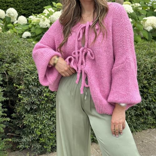 Image of Women Knitted Tie Front Cardigan Tops Casual Knitwear Top Long Sleeve Open Front Baggy Sweater Y2k Girls Outwear
