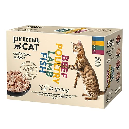 PrimaCat - Klassisches Nassfutter für Katzen, Multipack, Verschiedene Geschmacksrichtungen in Bratensoße, 28 x 85 g