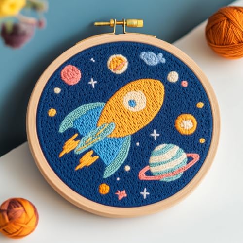 DIY Punch Needle Kits Cartoon Space Planets Easy for Beginners Punch Needle Embroidery Set with Hoop Stamped Pattern for Craft Lovers and Home Decor-1