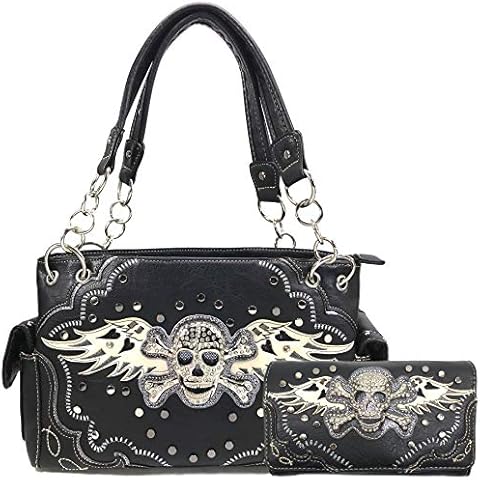 Zelris Skull Crossbones Angel Wings Heart Women Conceal Carry Handbag Wallet Set (Black) Cover