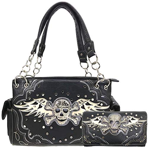 Justin West Fashion Floral Embroidery Rhinestone Skull Shoulder Concealed Carry Handbag Purse