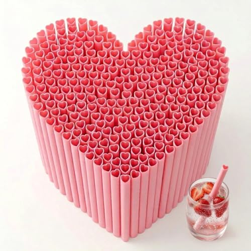 120pcs Heart Shaped Pink Straws Disposable Drinking Cute Straw Individually Wrapped Pink Plastic Straw for Galentines Day Cocktail Birthday Party Bridal Shower Wedding Decorations