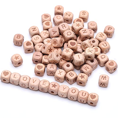 HERZWILD Lot de 72 perles en bois avec lettres - Cube, cœur, étoile - 12 mm - Naturel - Pour travaux manuels